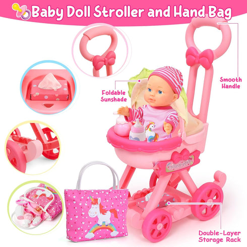 Set 12" 17pcs 3 4 5 6 7 Golray Girl Baby Doll Stroller Toy with Baby Doll & Baby Doll Accessories