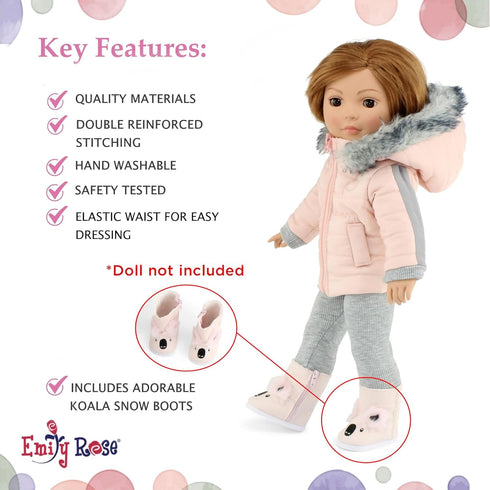 18 Inch Set 4PC Doll Winter Clothes - Koala Snow Jacket Coat Outfit with Matching Hat & Boots Compatible with American
