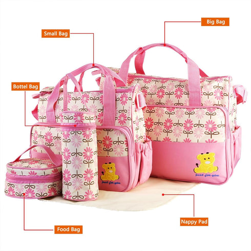 Diaper Bags Tote Set for Boys and Girls - Portable Nappy Changing Bags, Large 5PCS Travel Diaper Bag Set