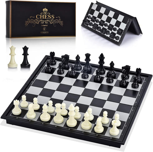 Chess Set with Folding Magnetic Travel Board and 2 Extra Queens for Kids and Adults