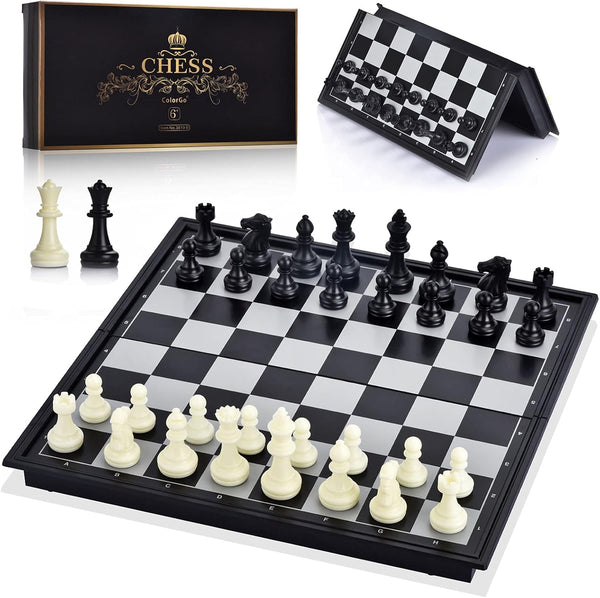 Chess Set with Folding Magnetic Travel Board and 2 Extra Queens for Kids and Adults