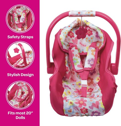 Adora Baby Doll Car Seat - Removable Seat Cover, Machine Washable, Fits Dolls & Plush Animals Up To 20” - Pink Flower