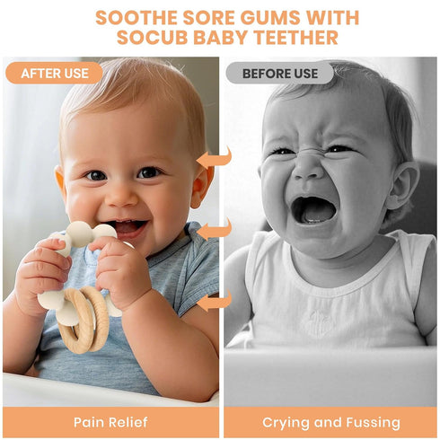 0-6 6-12 Socub Baby Teething Toys for Months- BPA-Free Food-Grade Silicone & Natural Beech Wood Teether Ring