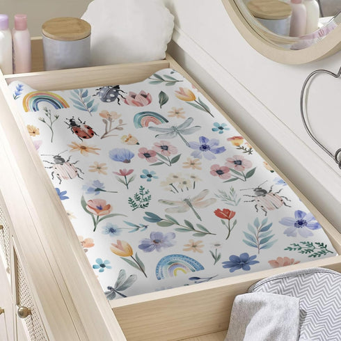 Spring Garden Flowers Rainbow Changing Pad Covers, Watercolor Floral Sheets for Baby Nursery, 32''x16''