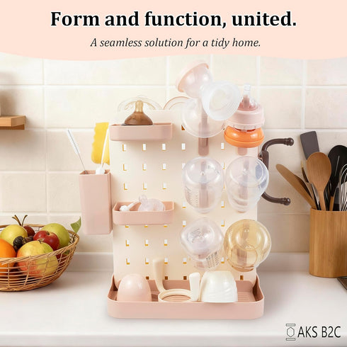 AKS B2C Countertop Baby Bottle Drying Rack Space Saving Vertical Rack with Brushes Holder (Pink)