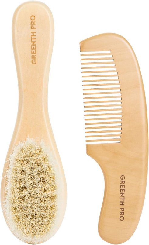 Nature Lotus Wood Baby Hair Bush and Comb Set, Soft Goat Bristle & Pear Wood Comb for Newborns & Toddlers