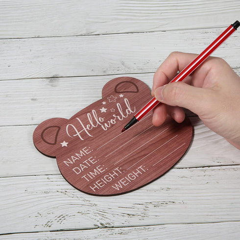SAVITA 5.9 Inch Wooden Baby Announcement Plaque, Bear Shape New Baby Welcome Sign Hello World Newborn Sign for Hospital