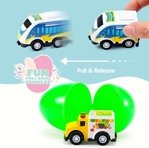 12 JOYIN Pcs Prefilled Easter Eggs with Toys, Plastic Eggs with Alloy Pull Back Cars, Easter Basket Stuffers, Party