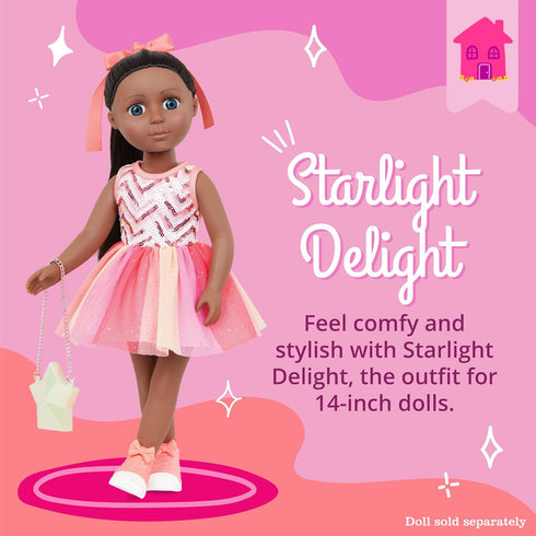 Glitter Girls – 14-Inch Doll Clothes – Sequined Party Dress – Pink High-Tops & Star Purse – Elastic Hair Bow – 3 Years + – Starlight Delight