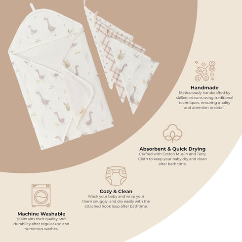 Set, Set, Crane Baby Hooded Towel & Washcloth Charlie Farmhouse Goose Hooded Baby Towels and Washcloths Baby Bath