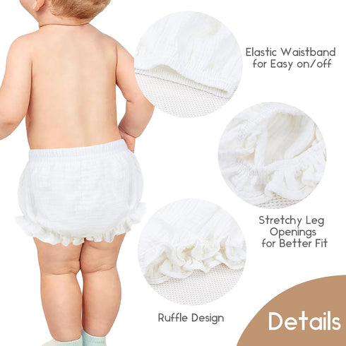 Poocen 5pcs Toddler Baby Girls Boy White Ruffled Bloomers Diaper Cover Cotton Linen Bloomer Shorts Underwear