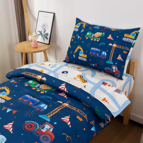 4 Set NTBED Pieces Construction Truck Toddler Bedding for Baby Boys, Flags Vehicles Excavator Cars Printed, Includes