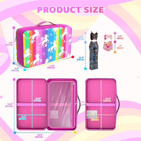 12 Inch (3-Rainbow) Stylish Travel Case for Fashion Dolls - Storage Solution with Pockets for Doll Accessories - Best