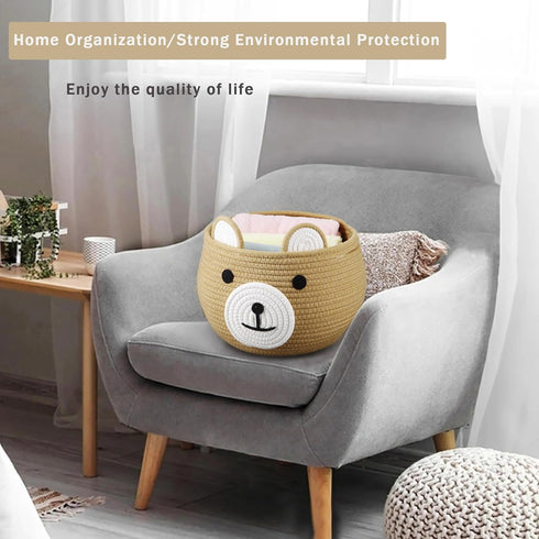 PandaEar Cotton Rope Baby Basket, Baby Gift Basket Nursery Laundry Organizer with Cute Bear Design for Storage Infant