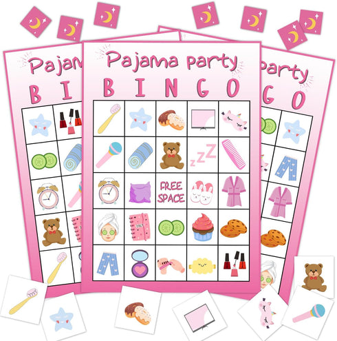 Pajama Party Bingo Game for 24 Players, Sleepover Bingo Cards Set for Family Activity, Holiday Supplies.