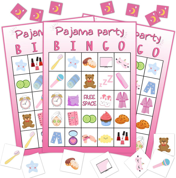 Pajama Party Bingo Game for 24 Players, Sleepover Bingo Cards Set for Family Activity, Holiday Supplies.