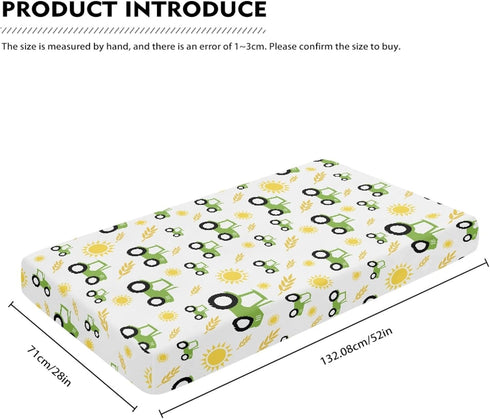 QINBEIDU 28"x52" Green Tractor Farm Fitted Crib Sheet Yellow Sun and Rice Crops Standard Crib Mattress Fitted Sheet