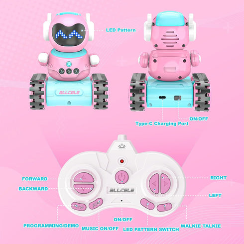 Programming, 3-8 ALLCELE LED RC Robot Toys for Girls with Music, Demo and LED Function, Remote Control Robot Toy, Gift