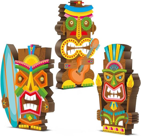 Blulu 3 Pcs Tiki Party Decor, Hawaiian Luau Decorations, Colorful Wooden Bar Table Sign for Summer