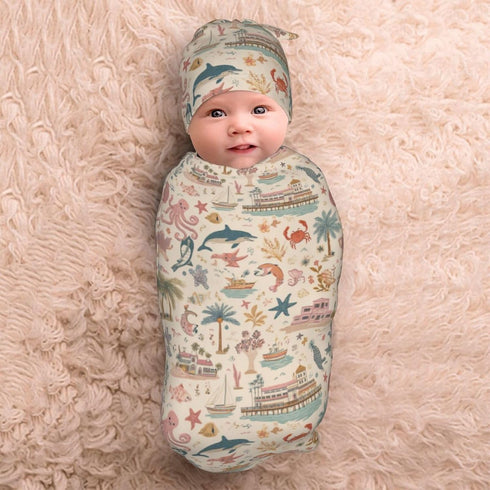 Nanyizly Set 0-6m Trees and Boats Newborns Beanie Swaddle Blanket Baby Receiving Blankets for Infant Boy Girl Swaddle