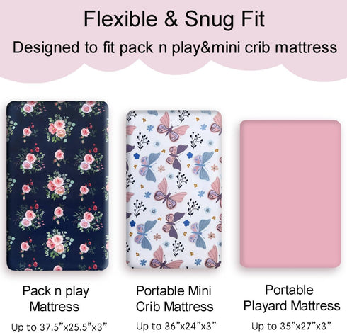 AMROSE 3 Pack Pack Set Heavenly Soft Mini Crib Sheets, Microfiber N Play Sheets for Baby Girls, Silk Touch Gentle