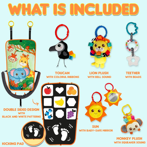 Innofans Baby Car Seat Animals Toys - Kick and Play Double Sided Infant Car Seat Toys with Plush Toys, Mirror, Teether