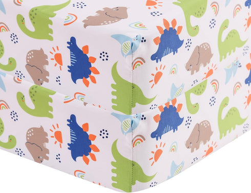CribMATE 2 Pieces Blue Dino Fitted Crib Sheet for Boys - Blue Green
