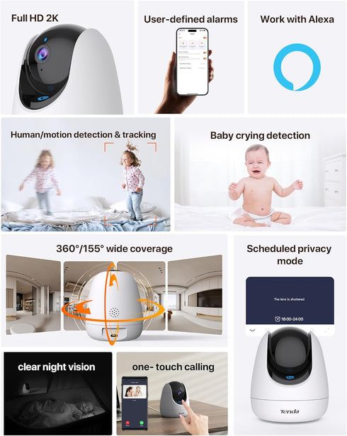 Tenda CP3 Pro 2K Indoor Security Camera with WiFi 6 & AI Detection – Baby Monitor, Pet Camera, Night Vision, No