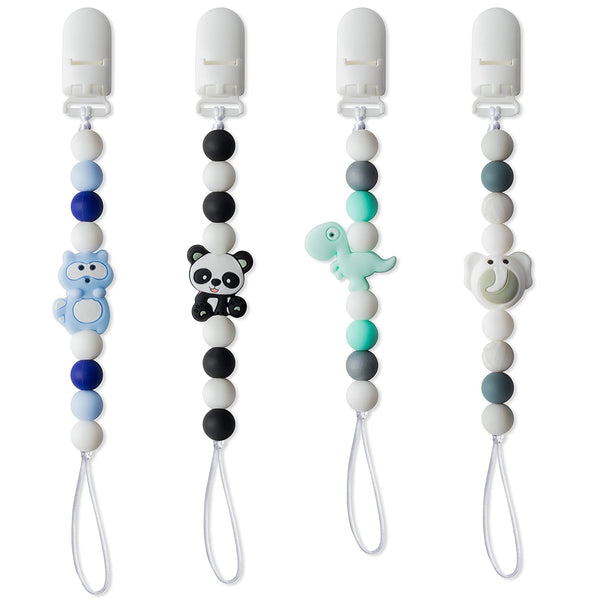 9tilight 4Pcs Silicone Pacifier Clip for Babies Infant Animal Teething Panda Dinosaur Elephant