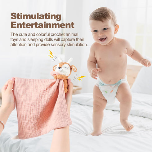Baby Deer Security Blanket – Perfect Blend of Plush Deer & Crochet Stuffed Animal with Rattle - Essential Lovey for Newborns, Toddlers & Infants
