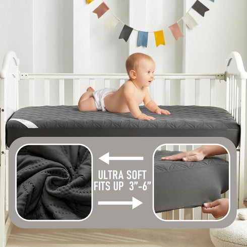2 Pack (52''x28'') BEDLORE Waterproof Mattress Protector Crib, Soft Gray Mattress Pad, Noiseless Machine Washable