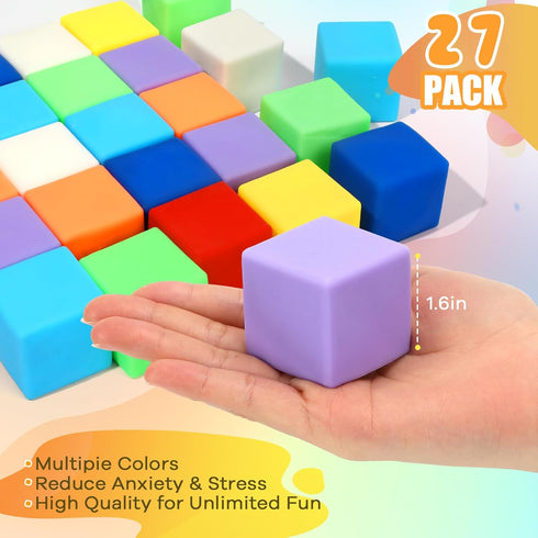 27 Pack Slow Rising Stress Cube - Mini Fidget Squishy Toys for Kids Adults, Square Shape Dough Filled, Quiet Fidgets