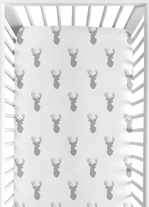 Fitted Crib Sheet for Grey and White Woodland Deer Baby Bedding Set Collection, Deer Print