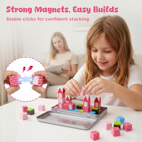 3 32PCS Set, otters Magnetic Building Blocks Princess Castle Travel STEM Magnet Cubes Toys with Metal Storage Box