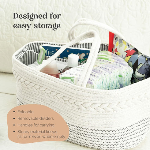 Luxury Little White Diaper Caddy Organizer, Large Cotton Rope Nursery Basket, Portable Car Organizer with Divider
