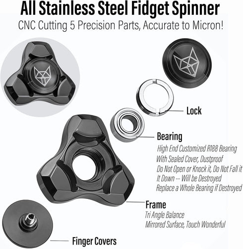 FREELOVE Metal Fidget Spinner for Adults, Stainless Steel Heavy Spinning Toys, Small Mini Fox Hand Gyro, Bearing