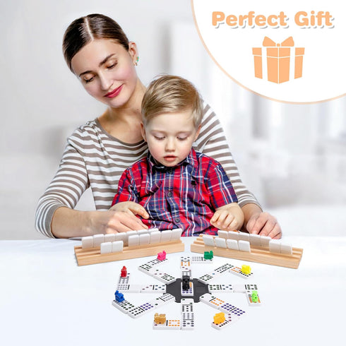 12 Set 91 4 Mexican Train Double Dominoes - Tiles with Wooden Trays & Travel Case, Family Board Game for Adults Kids