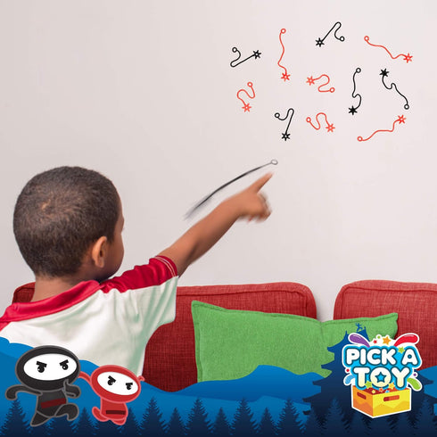 PICK A TOY 12 Pc. Ninja Toys Set - Stretchy Flying Ninjas & Colorful Throwing Stars Slingshots, Fun Birthday Party