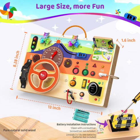 1-3, Montessori Wooden Busy Board with Steering Wheel & Driving Toys - Sensory Activity Boards for Toddlers Car Themed