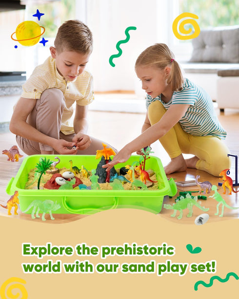 sikmcle Set 3-6+ Dinosaur Sensory Bin Toy for Toddlers and Play Sand for Kids Include Glow in The Dark Dinosaur Ages