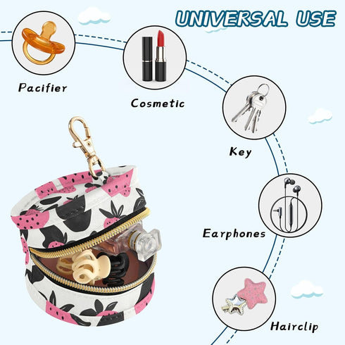 YETTASBIN Strawberries Portable Pacifier Holder Case with Metal Hook Buckle & Zipper for Diaper Bag and Stroller