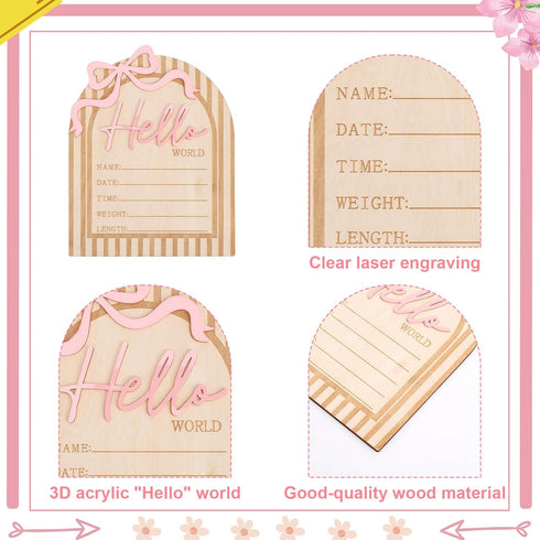 Goktvai Hello World Newborn Sign, Wooden Pink Bow Baby Announcement Sign Funny Newborn Announcement Board Suitable