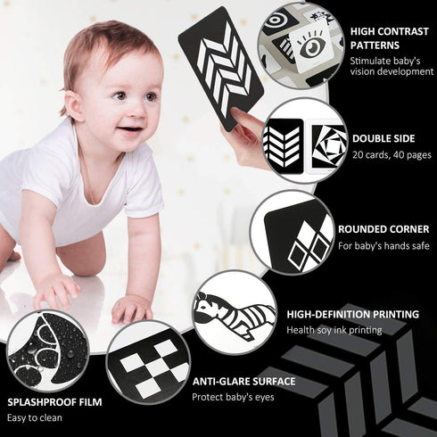 beiens High Contrast Baby Flashcards, Black White Color Visual Stimulation Learning Activity Cards for Newborns (0-3