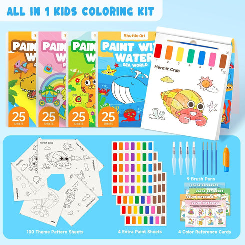 Pack 4, 100 Set 3-5, 4-8, Shuttle Art Paint with Water Coloring Book for Kids, of Sheets Watercolor Paint for Kids Ages