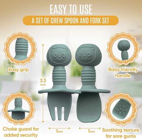 4pc Silicone Self Feeding Baby Utensils Set, 3 Baby Spoons and 1 Fork, BPA Free, Dishwasher Safe, Light Pink/Army Green