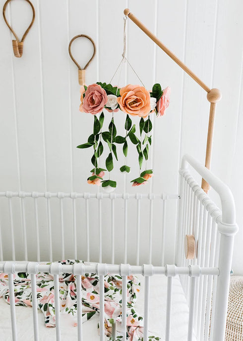 Baby Crib Mobile Wooden Hanging Nursery Baby Mobile for Crib, Handmade Floral Nursery Decor for Girls, Perfect Shower