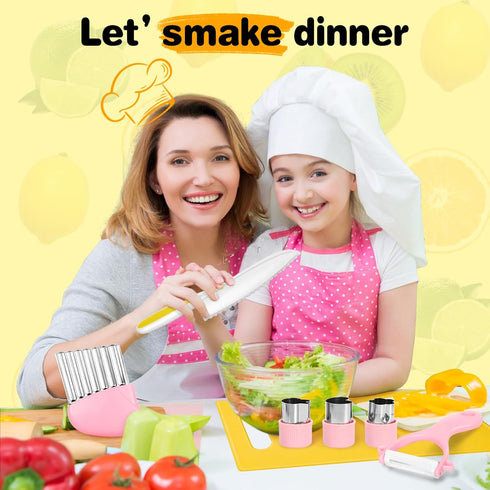Set 2-10 Suhctuptx Kids Knife for Real Cooking, Kids Kitchen Knives with Cutting Board Crinkle Cutters Cleaning Tools