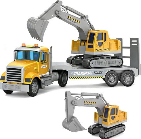 DOWELLIN Transports Trucks Kids Toys, 22" Large Semi Truck Toy Carrier and Excavator