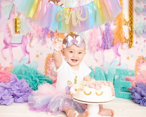 1st Pastel Rainbow High Chair Banner for Birthday - Party Supplies with Tutu Skirt and Pennant
