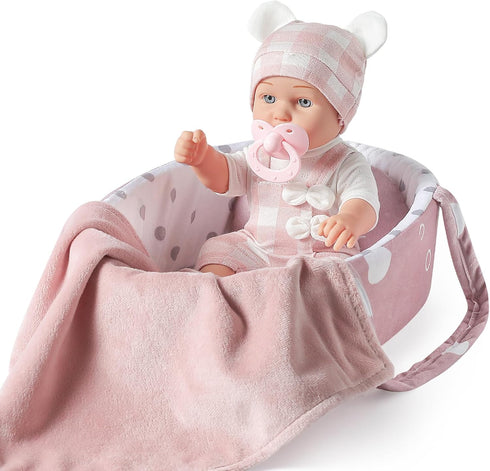eDollable 12 Inches Baby Doll Toys Set with Accessories, Includes Doll Carrier Bassinet